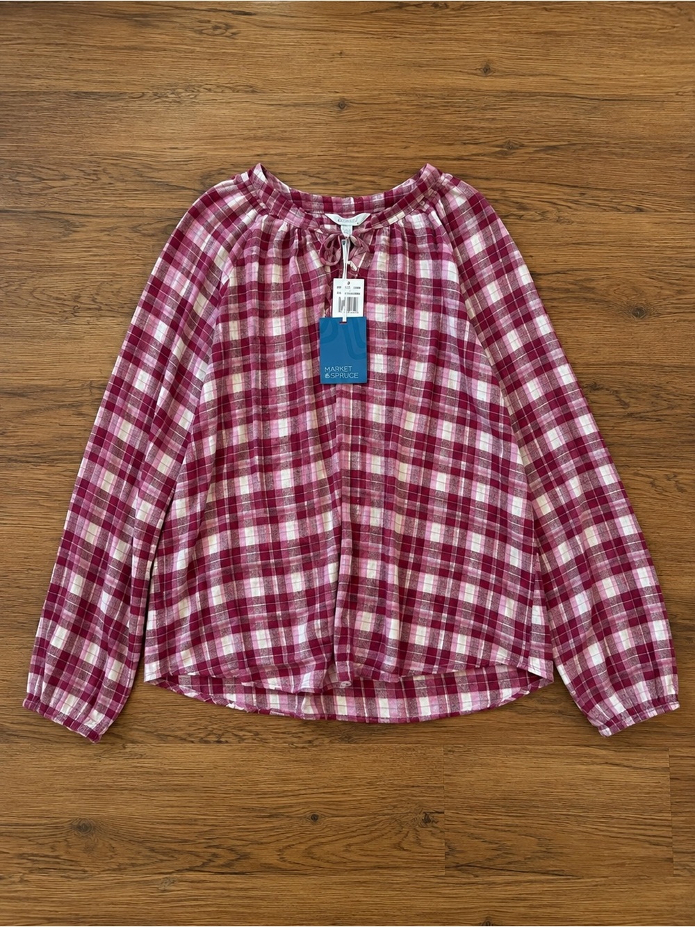 Market & Spruce Women's Raspberry Plaid Long-Sleeve Peasant Blouse Sz XXL NWT